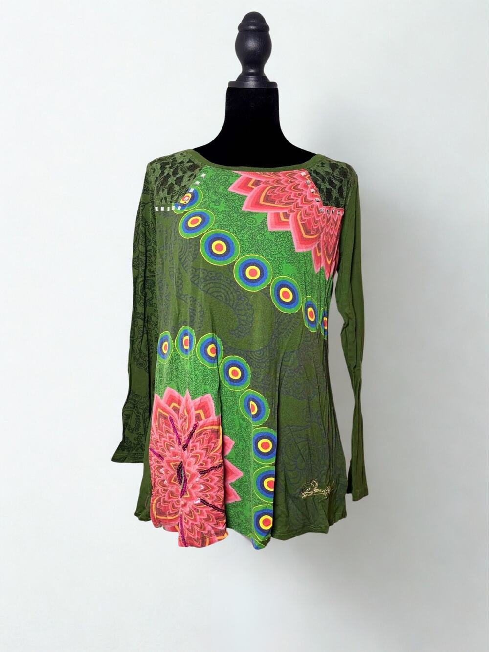 Desigual Green Red Floral Mandala Print Lace Paneled Long Sleeve Top